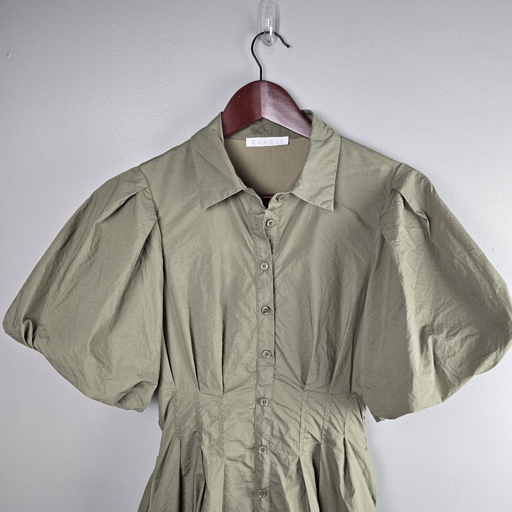 Karlie Solid Pleat Bubble Hem Mini Shirt Dress Button Up Olive Green Womens Sz S - Picture 5 of 15
